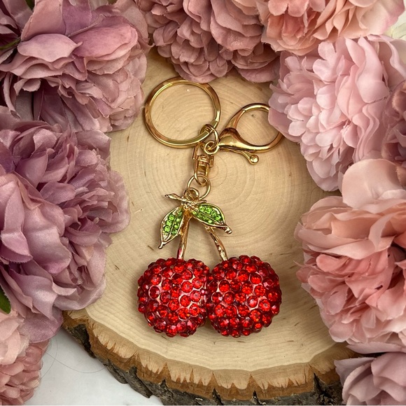 Whimsical Red Crystal Cherries Keychain Charm - Picture 4 of 13
